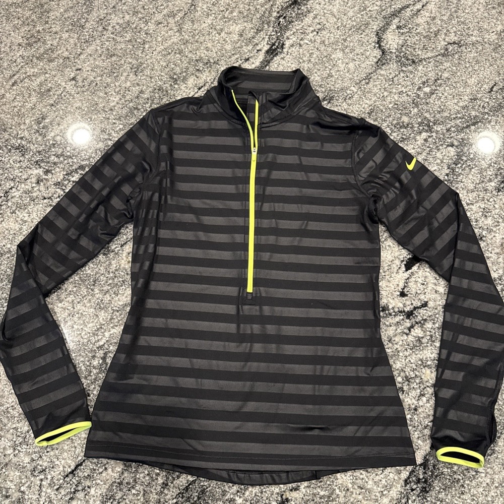 NIKE TOP DRI FIT WOMENS L ATHLETIC FULL ZIP BLACK STRIPED LONG SLEEVE #885